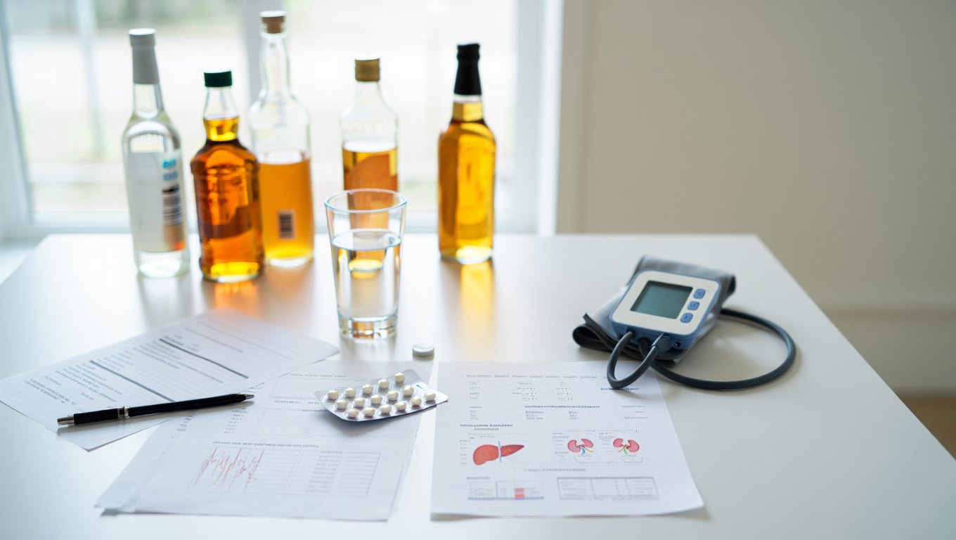 Медицинские приборы и алкоголь на столе